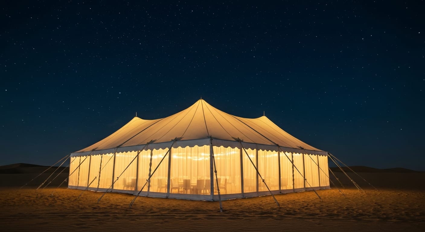 Luxury white event tent and dining setup under the evening desert sky