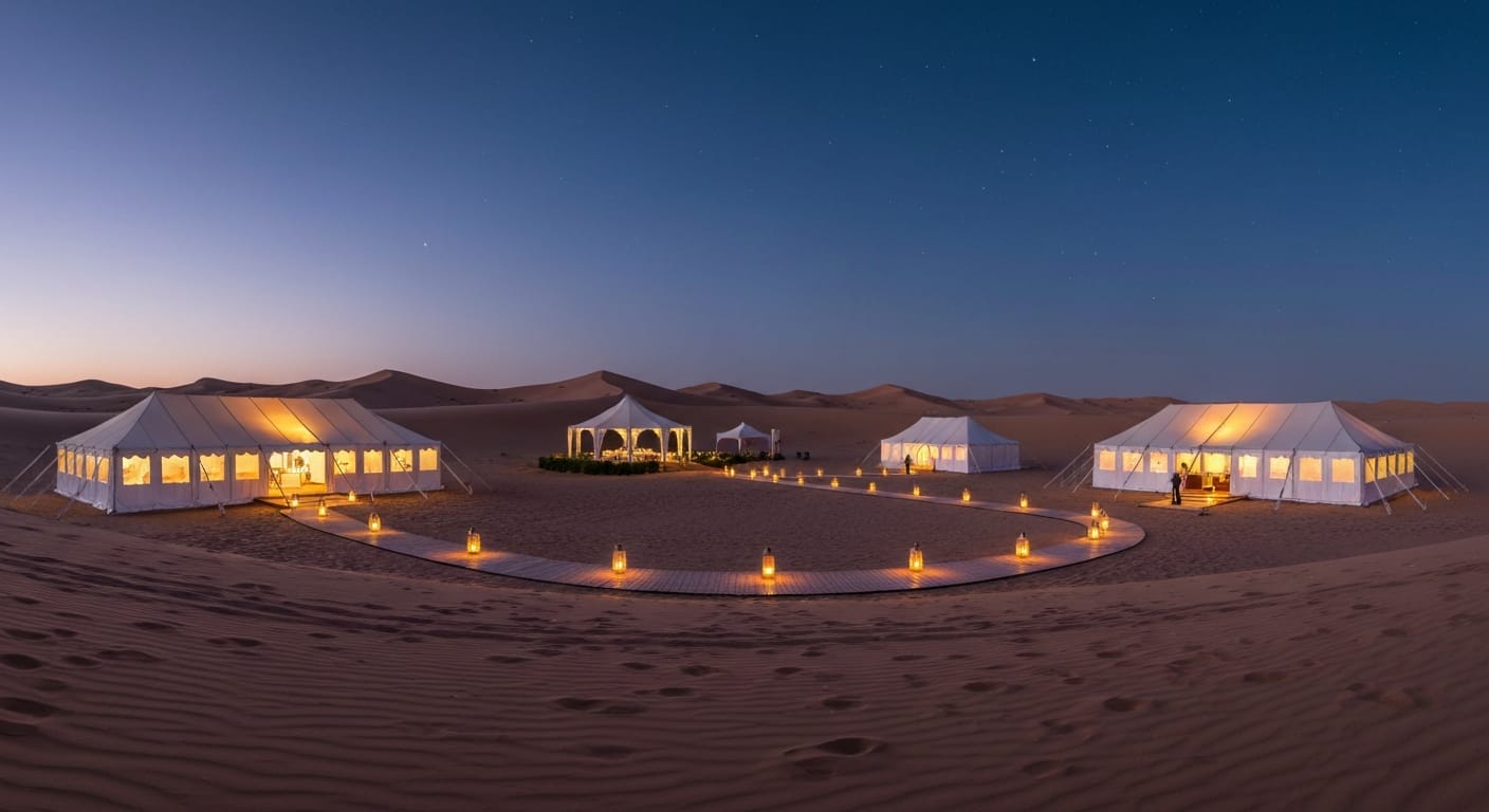 Panoramic desert event setup with golden hour lighting over the dunes